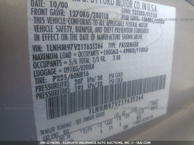 1LNHM97V21Y635264 - 2001 LINCOLN CONTINENTAL  Złoty zdjęcie 9