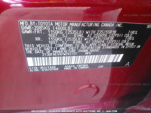 2T3DFREV4FW245137 - 2015 TOYOTA RAV4 LIMITED RED photo 9