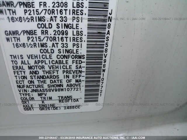 JN8AS58V98W107721 - 2008 NISSAN ROGUE S/SL WHITE photo 9