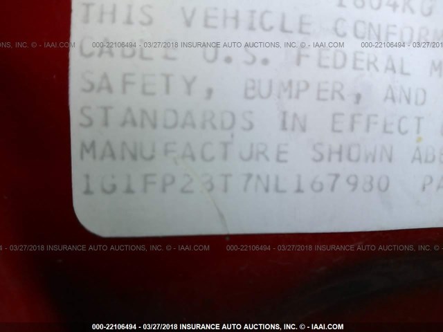 1G1FP23T7NL167980 - 1992 CHEVROLET CAMARO RS RED photo 9