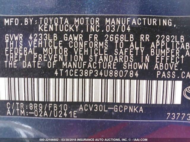 4T1CE38P34U880784 - 2004 TOYOTA CAMRY SOLARA SE/SLE BLUE photo 9