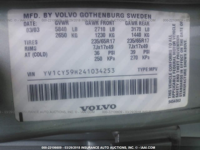 YV1CY59H241034253 - 2004 VOLVO XC90 GRAY photo 9