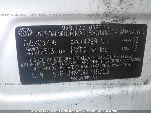 5NPEU46C06H115793 - 2006 HYUNDAI SONATA GLS/LX WHITE photo 9