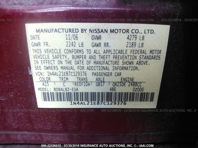 1N4AL21E87C129376 - 2007 NISSAN ALTIMA 2.5/2.5S RED photo 9