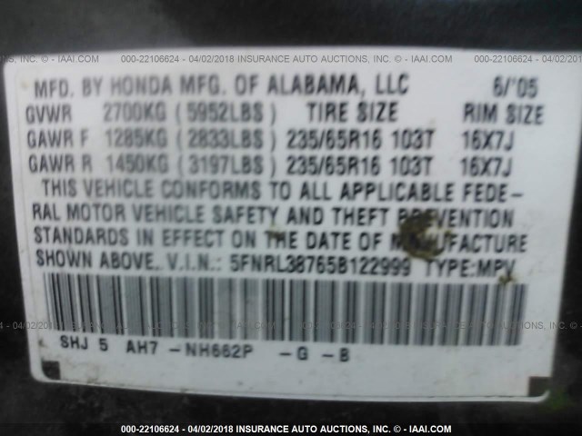 5FNRL38765B122999 - 2005 HONDA ODYSSEY EXL მწვანე ფოტო 9