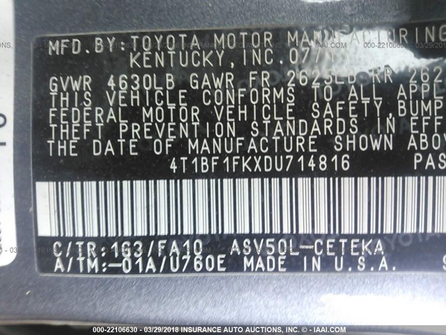 4T1BF1FKXDU714816 - 2013 TOYOTA CAMRY L/SE/LE/XLE ნაცრისფერი ფოტო 9