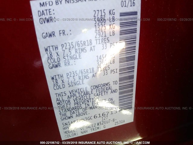 5N1AR2MN3GC616713 - 2016 NISSAN PATHFINDER S/SV/SL/PLATINUM 红色 照片 9