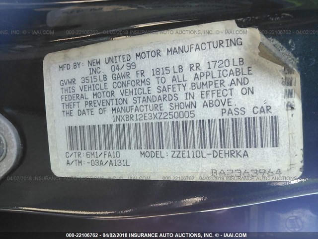 1NXBR12E3XZ250005 - 1999 TOYOTA COROLLA VE/CE/LE 绿色 照片 9