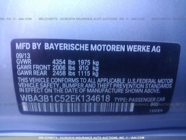 WBA3B1C52EK134618 - 2014 BMW 320 I Light Blue photo 9