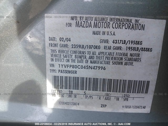 1YVFP80C045N47996 - 2004 MAZDA 6 I GREEN photo 9