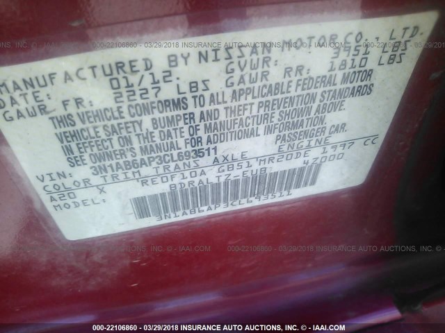 3N1AB6AP3CL693511 - 2012 NISSAN SENTRA 2.0/2.0S/SR/2.0SL RED photo 9