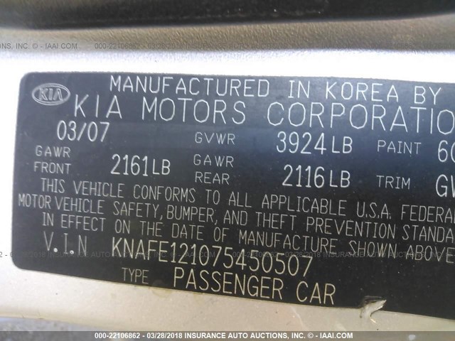 KNAFE121075450507 - 2007 KIA SPECTRA EX/LX SILVER photo 9