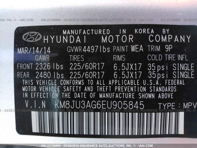 KM8JU3AG6EU905845 - 2014 HYUNDAI Tucson GLS/LIMITED/SE SILVER photo 9