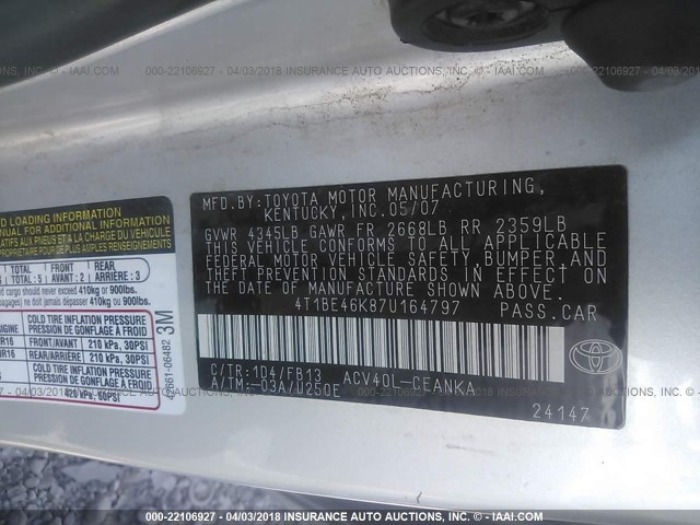 4T1BE46K87U164797 - 2007 TOYOTA CAMRY NEW GENERAT CE/LE/XLE/SE SILVER photo 9