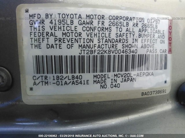 JT2BF22K8V0046340 - 1997 TOYOTA CAMRY LE/XLE GOLD photo 9