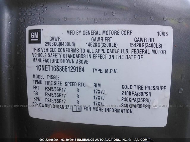 1GNET16S366129164 - 2006 CHEVROLET TRAILBLAZER EXT LS/EXT LT GRAY photo 9