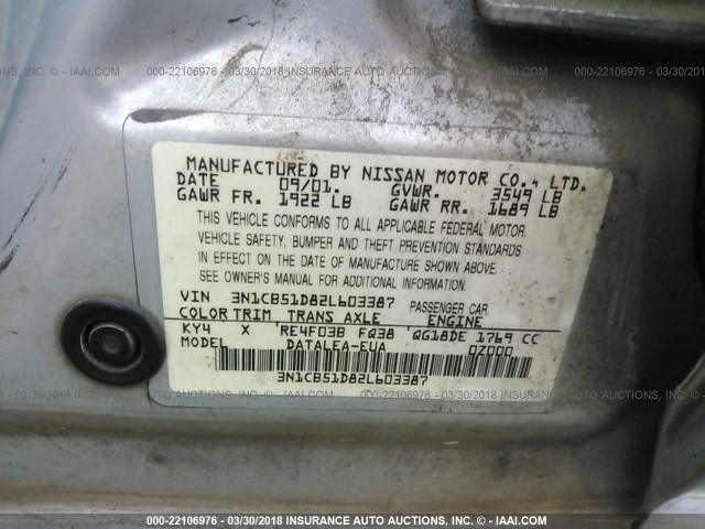 3N1CB51D82L603387 - 2002 NISSAN SENTRA XE/GXE SILVER photo 9