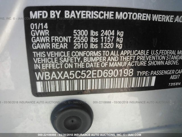 WBAXA5C52ED690198 - 2014 BMW 535 D SILVER photo 9