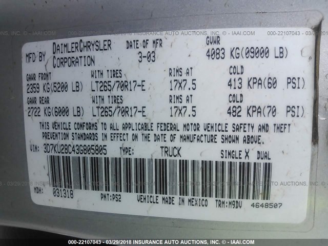 3D7KU28C43G805805 - 2003 DODGE RAM 2500 ST/SLT 银色 照片 9