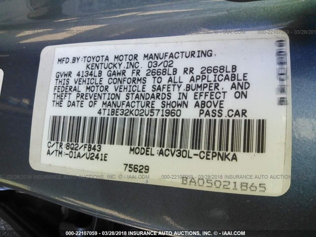 4T1BE32K02U571960 - 2002 TOYOTA CAMRY LE/XLE/SE 浅蓝色 照片 9