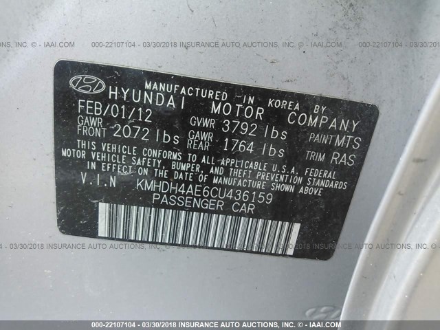 KMHDH4AE6CU436159 - 2012 HYUNDAI ELANTRA GLS/LIMITED SILVER photo 9