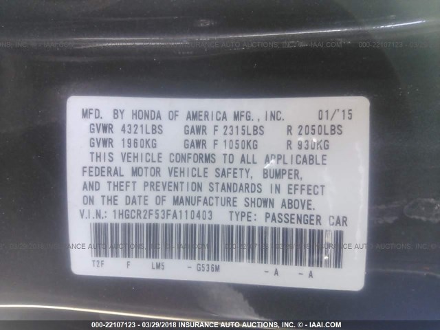 1HGCR2F53FA110403 - 2015 HONDA ACCORD SPORT Сұр фото 9