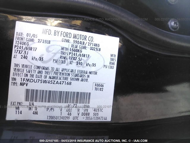 1FMDU75W45ZA47168 - 2005 FORD EXPLORER LIMITED 黑色 照片 9