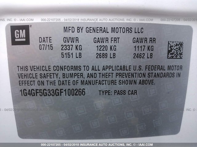 1G4GF5G33GF100266 - 2016 BUICK LACROSSE PREMIUM WHITE photo 9