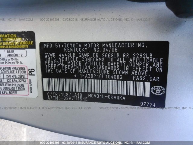 4T1FA38P16U104083 - 2006 TOYOTA CAMRY SOLARA SE/SLE SILVER photo 9