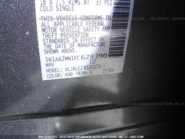 5N1AR2MN1FC628390 - 2015 NISSAN PATHFINDER S/SV/SL/PLATINUM 灰色 照片 9