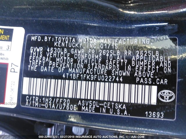 4T1BF1FK9FU022744 - 2015 TOYOTA CAMRY LE/XLE/SE/XSE GRAY photo 9