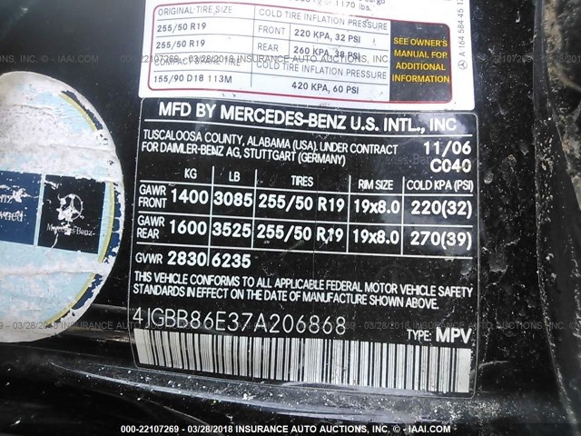 4JGBB86E37A206868 - 2007 MERCEDES-BENZ ML 350 BLACK photo 9