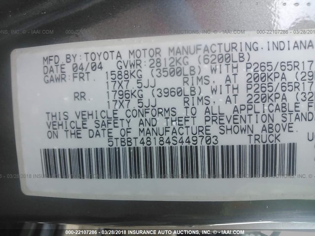 5TBBT48184S449703 - 2004 TOYOTA TUNDRA ACCESS CAB LIMITED GRAY photo 9