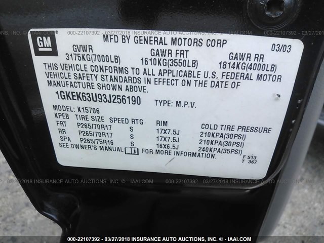 1GKEK63U93J256190 - 2003 GMC YUKON DENALI BLACK photo 9