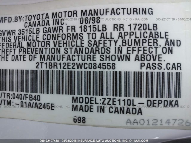 2T1BR12E2WC084558 - 1998 TOYOTA COROLLA VE/CE/LE WHITE photo 9