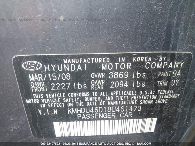 KMHDU46D18U461473 - 2008 HYUNDAI ELANTRA GLS/SE/LIMITED GRAY photo 9