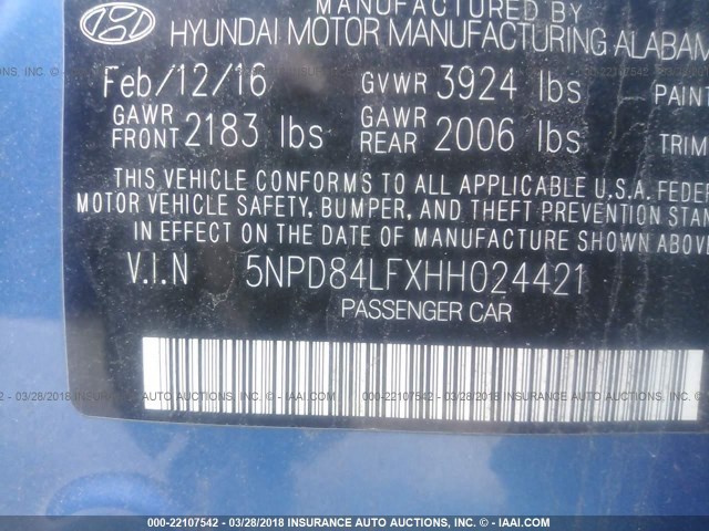 5NPD84LFXHH024421 - 2017 HYUNDAI ELANTRA SE/VALUE/LIMITED BLUE photo 9