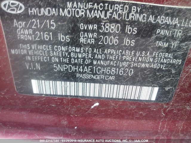 5NPDH4AE1GH681620 - 2016 HYUNDAI ELANTRA SE/SPORT/LIMITED RED photo 9