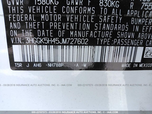 3HGGK5H45JM727602 - 2018 HONDA FIT LX Белый фото 9