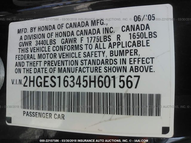 2HGES16345H601567 - 2005 HONDA CIVIC DX VP 黑色 照片 9