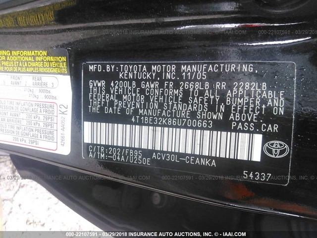 4T1BE32K86U700663 - 2006 TOYOTA CAMRY LE/XLE/SE BLACK photo 9