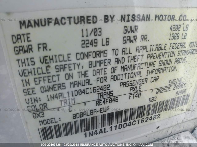 1N4AL11D04C162482 - 2004 NISSAN ALTIMA S/SL WHITE photo 9