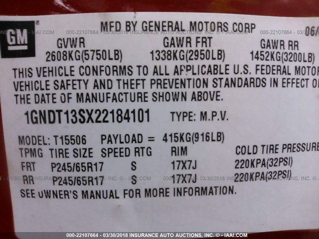 1GNDT13SX22184101 - 2002 CHEVROLET TRAILBLAZER  RED photo 9