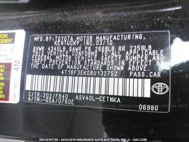 4T1BF3EK0BU132752 - 2011 TOYOTA CAMRY SE/LE/XLE BLACK photo 9