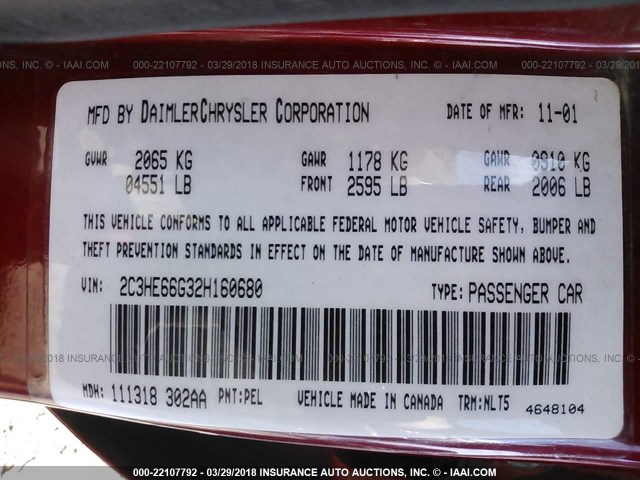 2C3HE66G32H160680 - 2002 CHRYSLER 300M RED photo 9