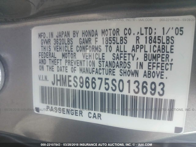 JHMES96675S013693 - 2005 HONDA CIVIC HYBRID GRAY photo 9