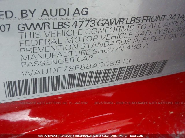 WAUDF78E88A049913 - 2008 AUDI A4 2.0T QUATTRO RED photo 9