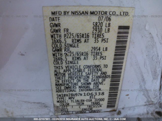 5N1BV28U97N106338 - 2007 NISSAN QUEST S/SE/SL WHITE photo 9