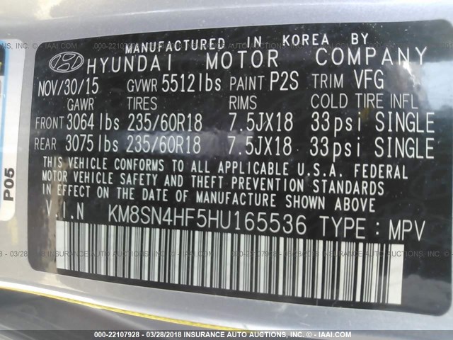 KM8SN4HF5HU165536 - 2017 HYUNDAI SANTA FE SE/LIMITED SILVER photo 9