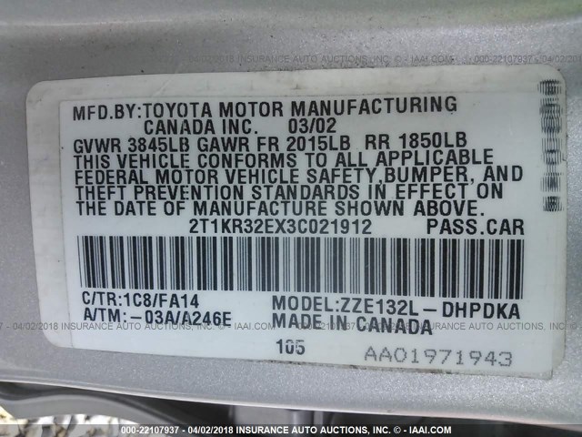 2T1KR32EX3C021912 - 2003 TOYOTA COROLLA MATRIX XR SILVER photo 9